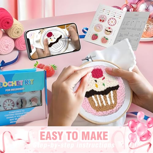 MeYuxg 6-teiliges Punch Needle Untersetzer Stickset für Anfänger und Kinder，Einfaches DIY Stanznadel Stickerei Set mit Stickrahmen, Garn, Anleitung, Motivvorlagen und Halter