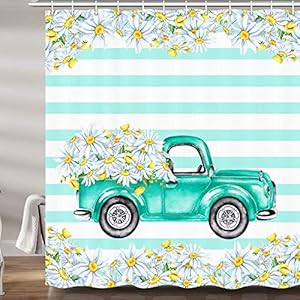 Spring Farmhouse Truck Shower Curtains for Bathroom, Summer Farm Daisy Floral Country Flower Bath Curtain Set, Green White Stripe Fresh Mint Fabric Restroom Decor 12 Hooks Included (69" W X 72" H) Spring Farmhouse Truck Shower Curtains for Bathroom Summer Farm Daisy Floral Country Flower Bath Curtain Set Green White Stripe Fresh Mint Fabric Restroom Decor 12 Hooks Included 69 W X 72 H