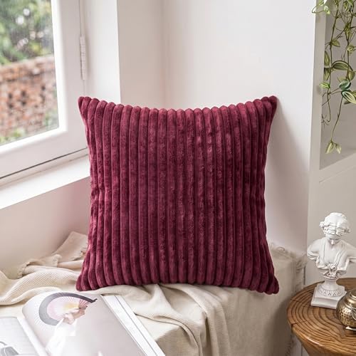 Image of Yellow Weaves Pencil-Stripe Fur Cushion Covers | Soft Polyester | Decorative Sofa & Throw Pillow Covers | 16x16 Inches, Pack of 5 (Maroon)
