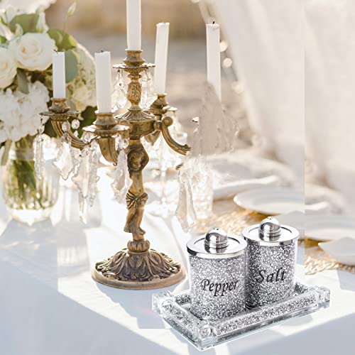 Crystal Glass Salt And Pepper Shakers Set Of 3, Seasoning Jars With Organizer With Tray, Silver Crushed Diamond Salt Pepper Jar Canister Storage Pots For Kitchen Countertop, Dining Table, Home Decor #TOP1