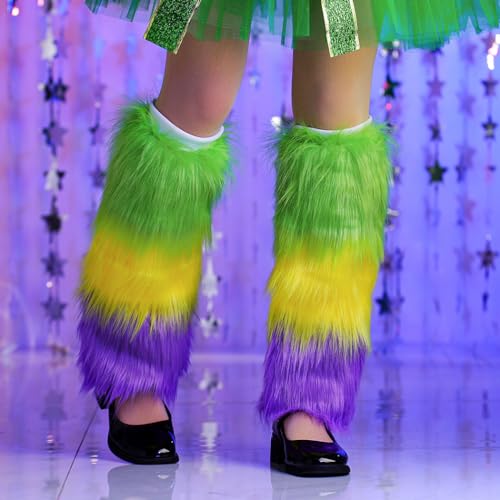 Abien Mardi Gras Womens Fluffy Leg Warmers Faux Fur Boot Sleeves Long Boot Covers Outfit for St. Patrick's Day Rave (Green/Yellow/Purple)4