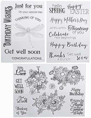 3Pcs Silicone Transparent Stamps Set, Gewaha Happy Birthday Clear DecorativeRubber Stamps with Saying Greeting Blessing Words for Crafts Card Making DIY Scrapbooking Journaling
