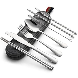 DEVICO Portable Utensils, Travel Camping Cutlery Set, 8-Piece including Knife Fork Spoon Chopsticks Cleaning Brush Straws Portable Case, Stainless Steel Flatware set (Silver)
