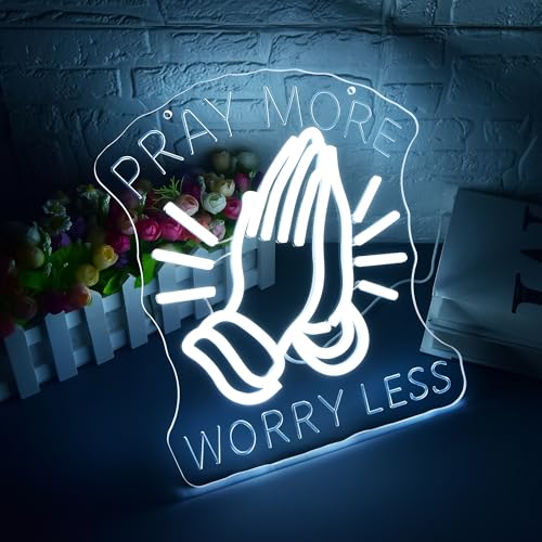 Image of Pray More Worry Less Neon Sign for Wall Decor Dimmable Praying Hands LED Neon Light Christian Decor for Prayer Room Home Church God Jesus Inspirational Religious Wall Art Gifts Size 12.4*11in(GLNP216)