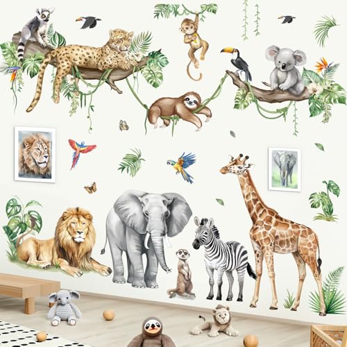 decalmile Stickers Muraux Enfant Animaux de la Jungle Arbre Branche XXL Autocollant Mural Safari Éléphant Léopard Girafe Décoration Murale Bébé...