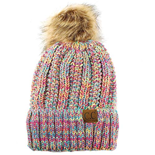 C.C Winter Sherpa Fleeced Lined Chunky Knit Stretch Pom Pom Beanie Hat Cap (Mix Rainbow)