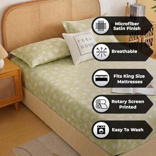Image of Story@Home King Size Air Cotton Bedsheet 240 TC Fitted Sheet with 2 Pillow Covers, Soft & Durable Bed Sheet for King Bed (270 x 250 cm, Floral Print, Green & White)