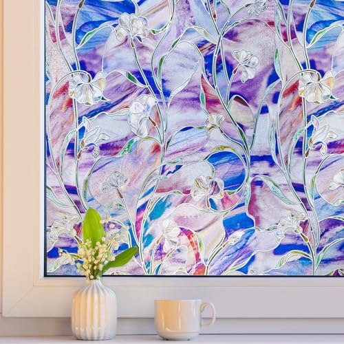 Image of SUNBABY Stained Glass Window Film,3D Decorative Window Privacy Film,Window Decals,Non-Adhesive Heat Control Anti UV Vinyl Static Clings,17.1 x 118 Inches