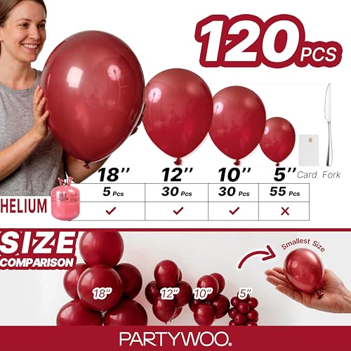 Image of PartyWoo Burgundy Balloons 120pcs Dark Chestnut Red Maroon Different Sizes | 18 12 10 5 Inch Balloons for Birthday Graduation Anniversary Cherry Casino Cherry Bridal Shower Party Decorations Red-Y62