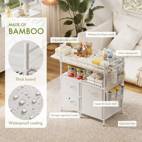Image of Amazer Baby Changing Table, Bamboo Baby Dresser Table with Flat Top, Diaper Changing Station with 3 Removable Storage Drawers, Large Storage Nursery Organizer Shelves with Pad, Mesh Pocket