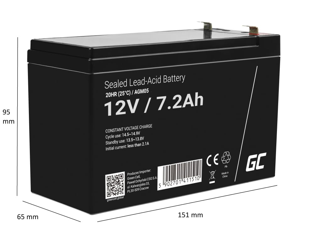 Green Cell Batteria AGM 12V 7,2Ah ricaricabile sigillata VRLA | Per UPS, allarmi, giocattoli elettrici, impianti solari, scooter, backup e uso ciclico senza manutenzione