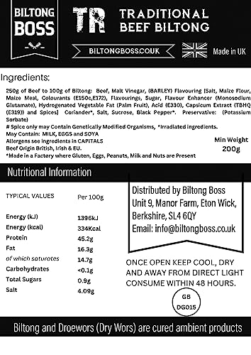 Biltong Boss Traditional Boss Beef, Premium Authentic Beef, High Protein Ready To Eat Healthy Snack, Suitable For Gluten-Free, Paleo, Keto, Atkins Diets & Post-Workout, Low Sugar & Carbohydrates, 200g - 2