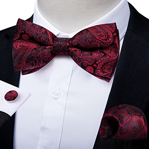 Image of DiBanGu Paisley Pre-Tied Bow Ties for Men Silk Adjustable Bowtie and Pocket Square Cufflinks for Wedding Party