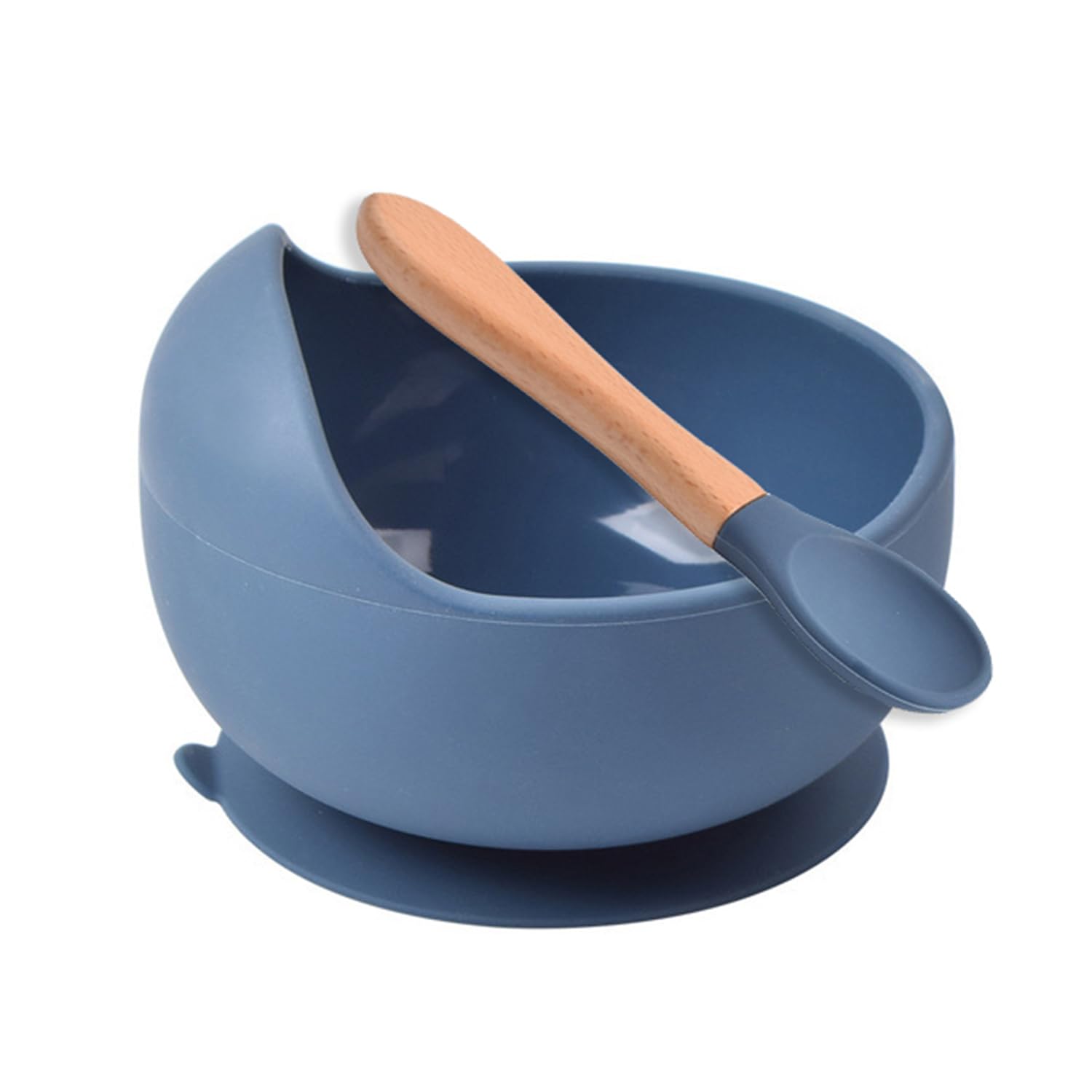 HEXONIQ® Baby Feeding Bowl & Spoon Weaning Set, Food Grade Silicone Suction Cup Bowl & Wooden Spoon with Stay Put Silicone Suction, Gift for Toddler Children Girls Boys (Dark Blue)