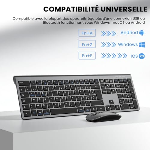cimetech Clavier Souris sans Fil Bluetooth, Connexion BT1+ BT2+ BT3, Rechargeable, Silencieux, Ultra-Fin Clavier AZERTY, Compatible Windows/Mac OS/iPad/Android-Gris Noir – vue 4