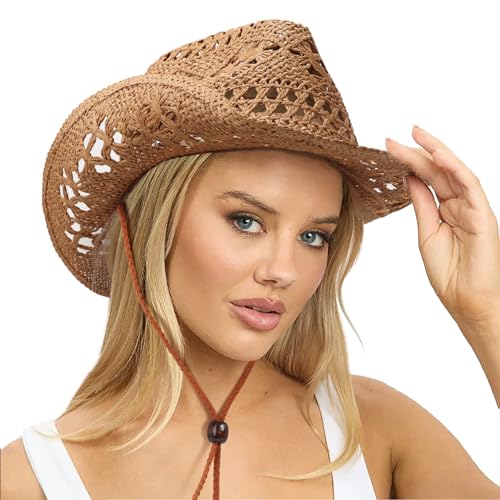 Image of DRESHOW Straw Cowboy Cowgirl Hat for Women Men Western Coastal Cowboy Beach Hat with Shapeable Brim Unisex Rolled up Caps