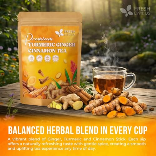 Image of FreshDrinkUS, Premium Turmeric Ginger Cinnamon Tea Bags | 135 Tea Bags | Herbal Spice Tea Blend, Naturally Caffeine Free, Warm & Aromatic Flavor, 100% Natural Ingredients, Convenient Tea Bags