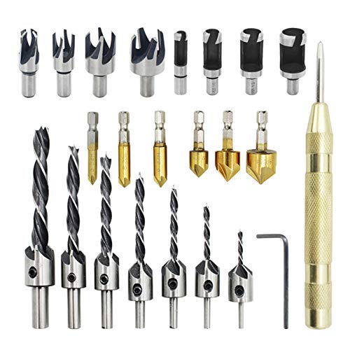 Woodworking Chamfer Drilling Tool Set, 7pcs 5 Flute Countersink Drill Bits, 6pcs 3-Pointed Countersink Drill Bit with L-Wrench, 8pcs Wood Plug Cutter, and Automatic Center Punch