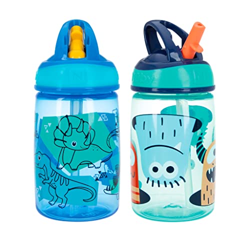 Image of Nuby Flip-it Kids On-The-Go Printed Water Bottle with Bite Proof Hard Straw - 12oz / 360 ml, 18+ Months, 2 pk Prints May Vary