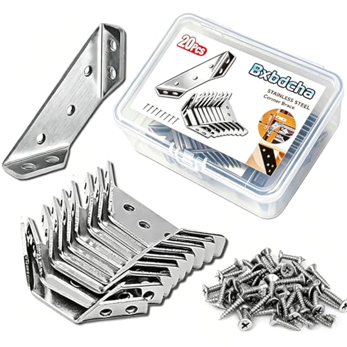 Furniture Corner Connector - 20PCS Universal Stainless Steel L Brackets for Wood,Hardware Metal Angle Bracket Corner Braces,L Bracket for Shelves,Table,Cabinet,Drawer,Corner Brackets for Wood