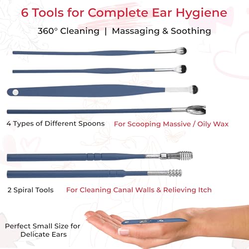 Image of TEMPERIA Ear Wax Cleaner & Removal Tool Kit | Deep Cleaning | Set of 6 Different Spoons & Spiral Tools with Storage Bag | Blue Colour (RW116)