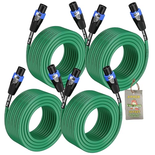 Fat Toad 50ft Speakon Cables (Twist-LockPRO Series) 4 Pack – Green Audio DJ Cords with 12 AWG...