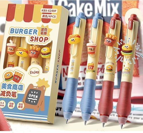 Image of Shuttle Art Cute Burger Theme Gel Pen Set of 4,0.5mm Black Ink Kawaii Cartoon Retractable Pens,Smooth Writing Pens for School College Office Journaling Notes Gifts Stationery Supplies Kids Girls Boys