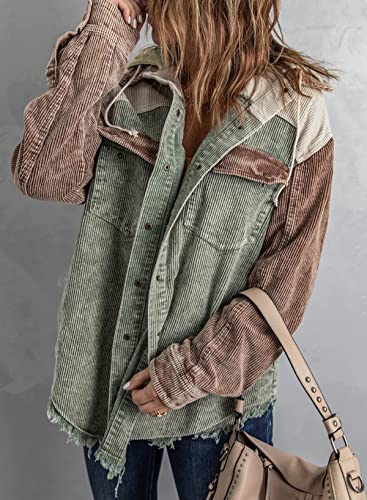 Womens Fall Corduroy Shacket Jacket Long Sleeve Button Down Color Block Hooded Coat with Pockets3