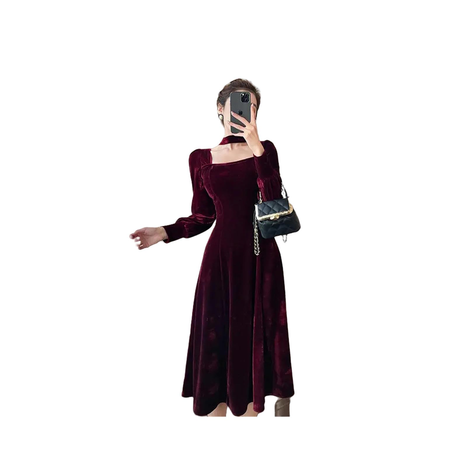 Vestito Donna Donne Vestito in Velluto Dorato Abito Inverno Autunnale-Rosso-XXL