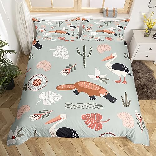 Kids Cartoon Bedding Set Single Size Funny Platypus Pelican Duvet Cover Cute Australian Animals Comforter Cover for Teens Adults,Rustic Botanical Plants Flowers Quilt Cover 2Pcs,Platypus Decorations