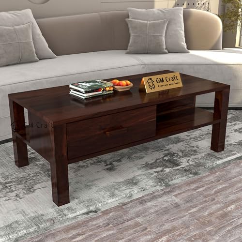 Image of Sheesham Wood Coffee Table for Living Room | Wooden Center Table with Drawer & Shelf Storage | Modern Solid Wood Teapoy Table for Sofa | 43x23.5x16 Inch | Home | Walnut Finish
