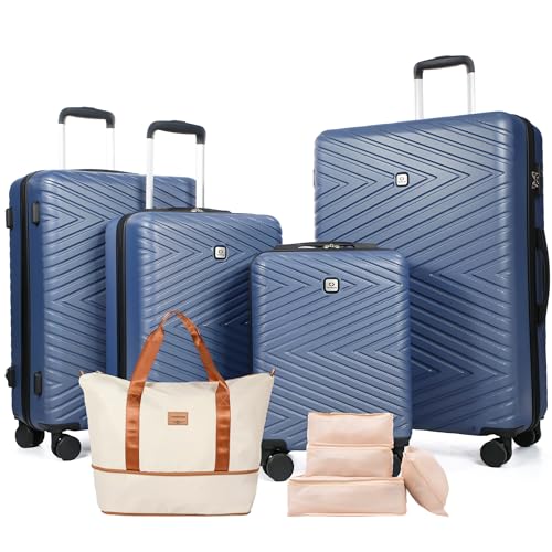 Image of Travelhouse 9-Piece Hardshell Luggage Set with Spinner Wheels & TSA Lock | Lightweight ABS suitcase set: 16 inch, 20 inch, 24 inch, 28 inch hardside suitcases + tote bag + packing cubes