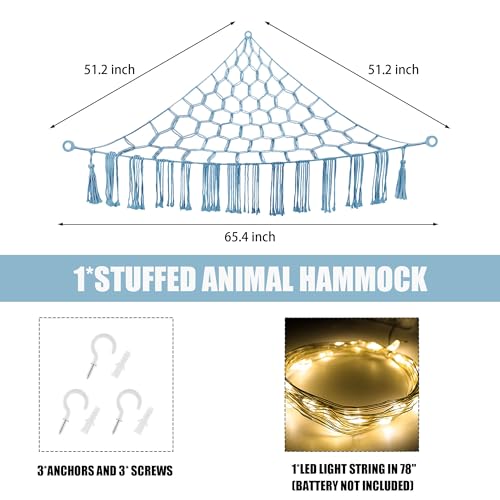 Image of CERETIA Stuffed Animal Hammock with LED Light, Large Stuffed Animals Storage Corner Plushie Net for Kids Room Decor, Jumbo Baby Blue