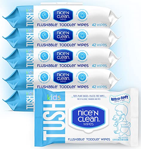 Nice 'N CLEAN Flushable Toddler Wipes 42ct (6-Pack) | 100% Plant-Based, Unscented Wet Wipes for Sensitive Skin | Potty Training Essentials | Flushable Baby Wipes for All Ages