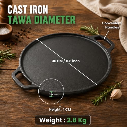 Image of Esspy Cast Iron 2-in-1 Dosa Tawa & Grill (30cm) | Double-Sided Tawa /Pan for Roti, Dosa, Chapati, Fish & Steak | Naturally Nonstick, Gas & Induction Cookware | Reversible Cooking