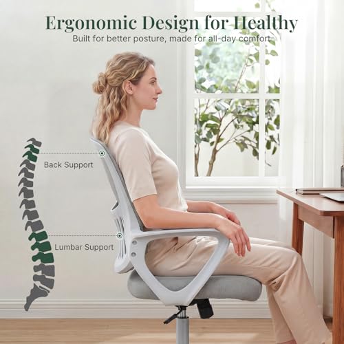 Image of Home Office Desk Chair, Ergonomic Mid-Back Mesh Computer Task Chair with Comfortable Lumbar Support, Height Adjustable Swivel with Fixed Armrest for Adults, Student, Grey