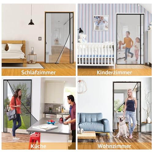 Wanoore Magnet Fliegengitter Tür, 90x200 cm Schwarz Insektenschutz Balkontür, Fliegengittertür Ohne Bohren, Automatisch Verschließen Moskitonetz Für Balkontür, Wohnzimmertür, Kellertür, Terrassentür