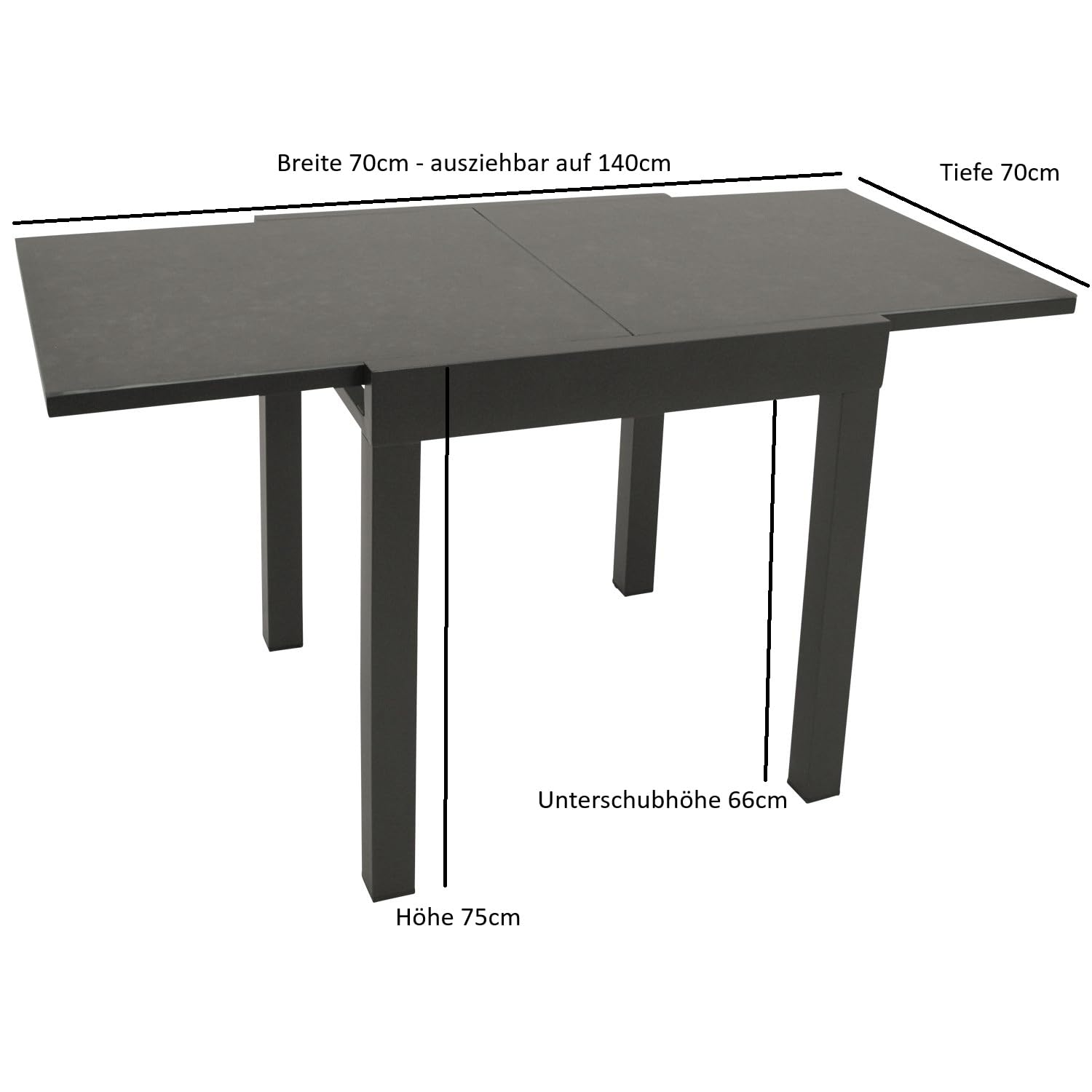 DEGAMO Balkontisch Livorno aus Aluminium anthrazit und Glas in Keramtikoptik dunkelgrau, 70x70cm, ausziehbar auf 140cm, Höhe 75cm, Outdoor