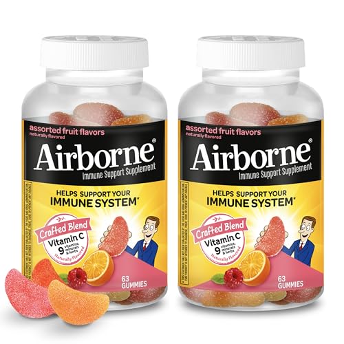 Airborne 750mg Vitamin C Gummies for Adults, Immune Support Gummies with Powerful Antioxidants VIT C & E, Caffeine Free – 2x63ct Bottle (42 Servings), Assorted Fruit Flavor