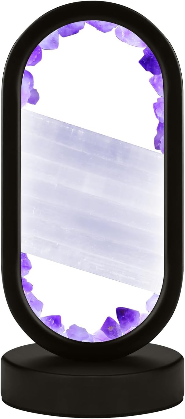 GC QUILL Natural Amethyst and Selenite Crystal Healing Night Table Lamp –3-Color Dimmable Mood Lighting for Meditation Relaxation and Restful Sleep, Purple Crystal Bedroom Decor