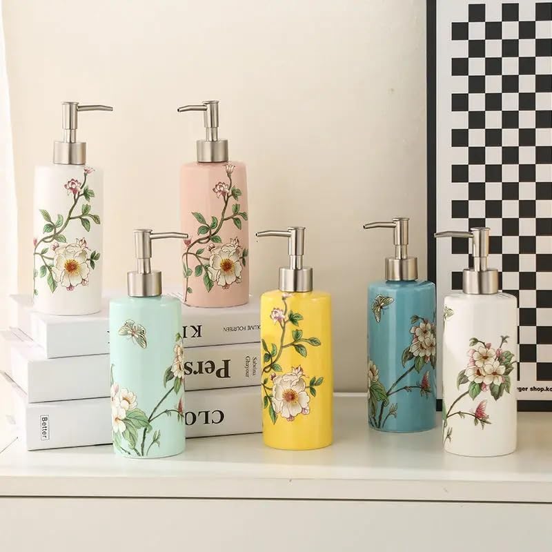ヨーロピアンスタイルのセラミックハンドサニタイザーボトルフローラルシャンプーシャワージェルサブボトルバスルームアクセサリー(Blue