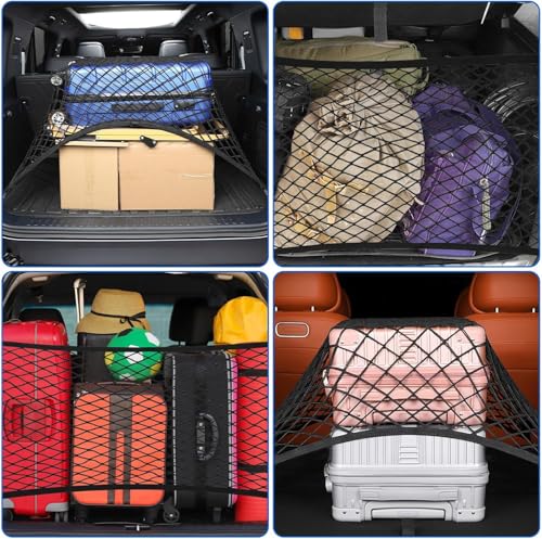 Zocipro Kofferraum Netz, 80 x 100 cm Kofferraumnetz Gepäcknetz Auto Erweiterbar auf 210 x 140 cm, Gepäckraumnetz, Kofferraum Netz Ladungssicherung mit 4 ABS Haken für die Meisten Autos
