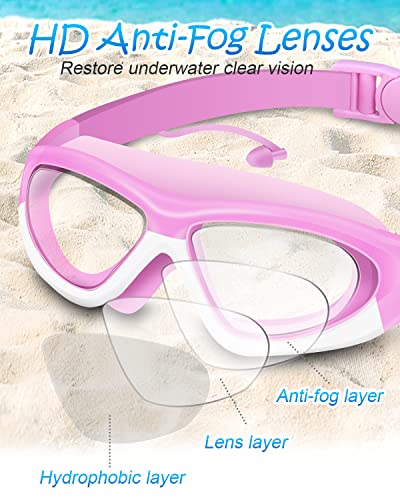 Victoper Kids Swimming Goggles for Children Girls Boys Big Frame Wide-Vision,Swimming Goggles Kids 6-14 No Leaking Anti-Fog Lens and UV Protection with FREE Case,Nose Clip Ear Plugs,Pink - Image 4
