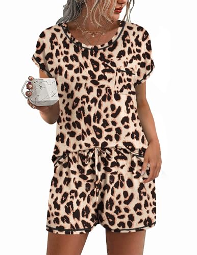Image of Ekouaer Womens Pajama Sets 2 Piece Soft Short Sleeve Top and Shorts Sleepwear Round Neck Pjs Lounge Set with Pockets