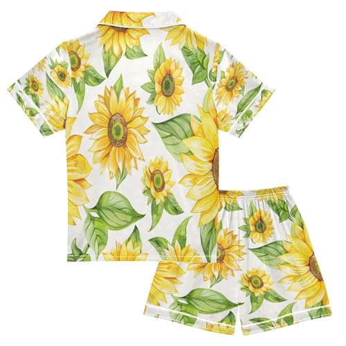 senya Pajama Sets Silky Button Down Nightwear Sleepwear Size 5-14 Years Green Leaves Sunflower2