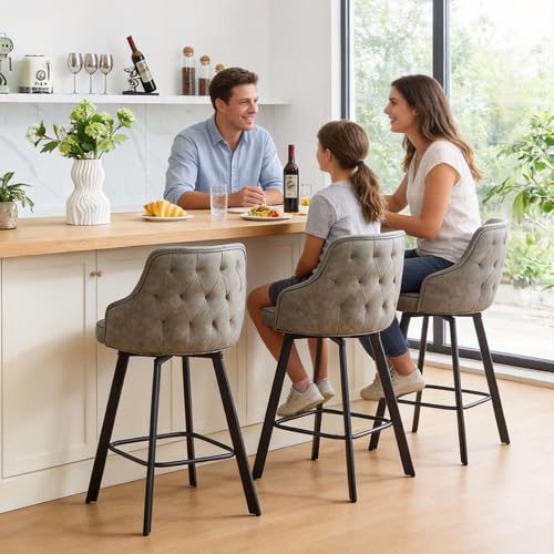 Image of Counter Height Bar Stools Set of 3 with Back, Faux Leather Swivel Bar Chair
