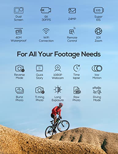 Image of iZEEKER Action Camera 4K 60FPS with Touchscreen, 40M Underwater Camera Waterproof, Dual Screen Vlog Camera with EIS, WiFi, Remote Control with 2X 1350mAh Batteries, Battery Charger and Accessory Kit