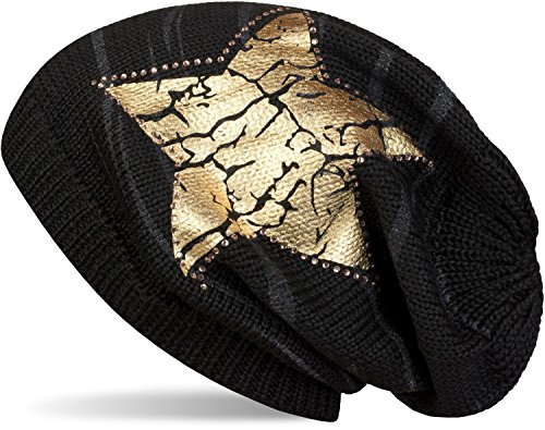 styleBREAKER Damen Strick Beanie Mütze mit Vintage Stern Print und Strass Rand, Strickmütze mit Streifen Muster 04024083, Farbe:Schwarz/Gold