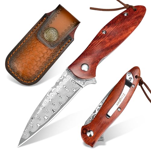 Zingbee Damast Taschenmesser Klappmesser mit Gürtelclip, Damaststahl Klinge, Liner Lock, Sandelholz Holzgriff, Geschenkbox - EDC Einhandmesser für Jagd Wandern Camping Sammeln Geschenke für Männer