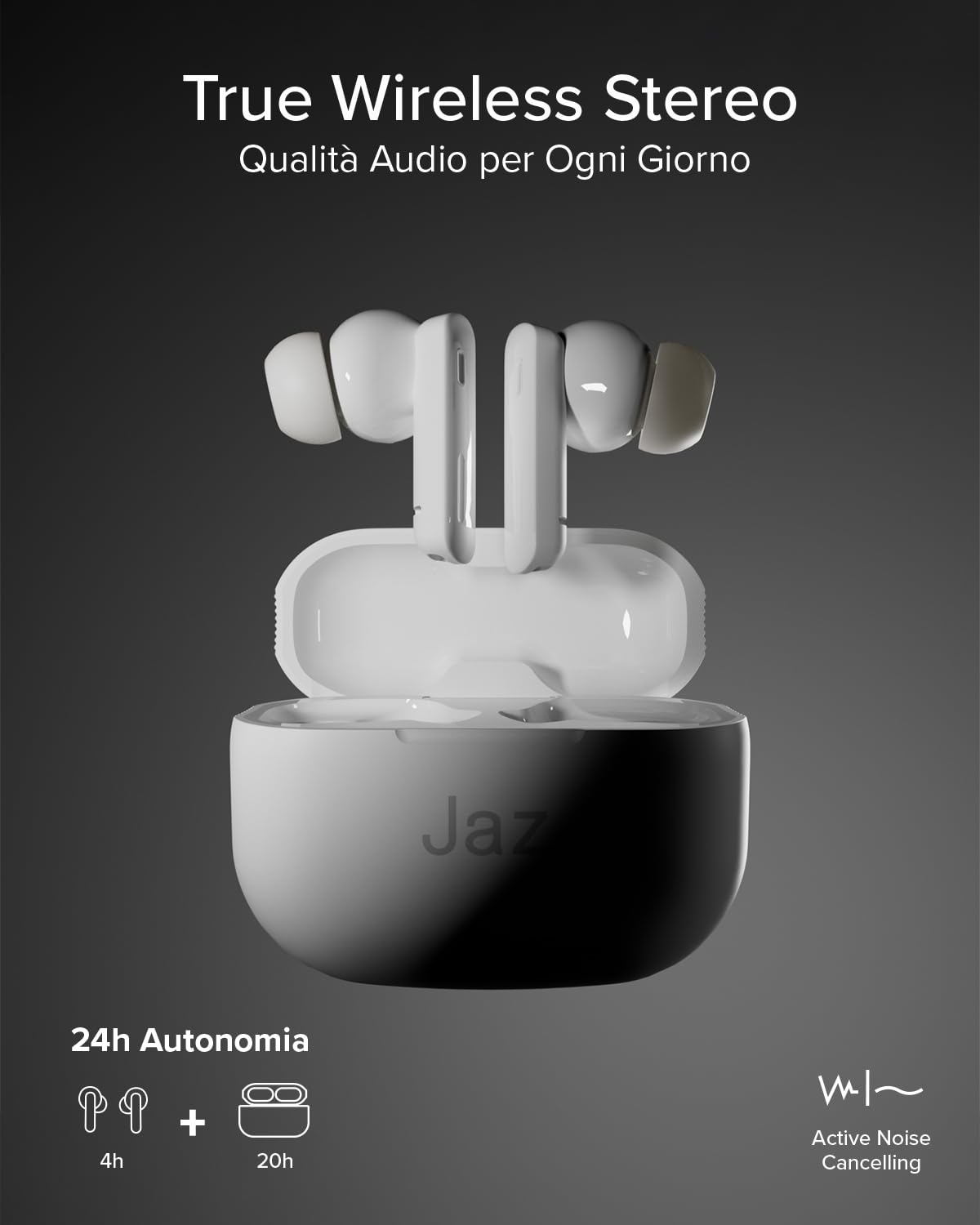 JAZ Maks - Cuffie Auricolari In-Ear True Wireless Stereo, Cancellazione del Rumore Attiva, Custodia di Ricarica, Microfono HD, Controlli Touch, per Smartphone, Tablet, Laptop, 24 Ore
